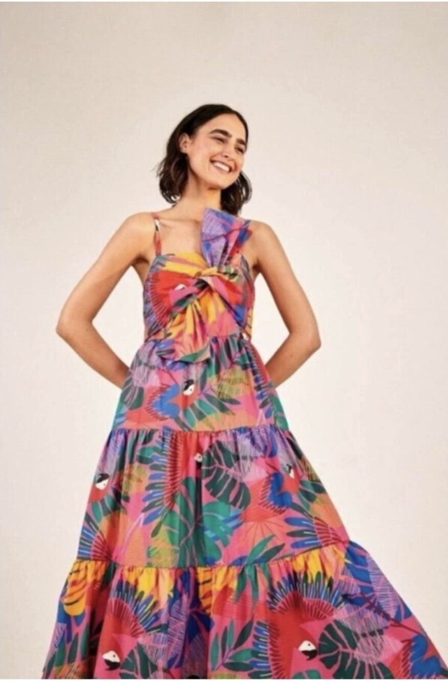 FARM RIO Macaw Midi Dress Tiered Sleeveless Bow Anthropologie Tropical Sz S